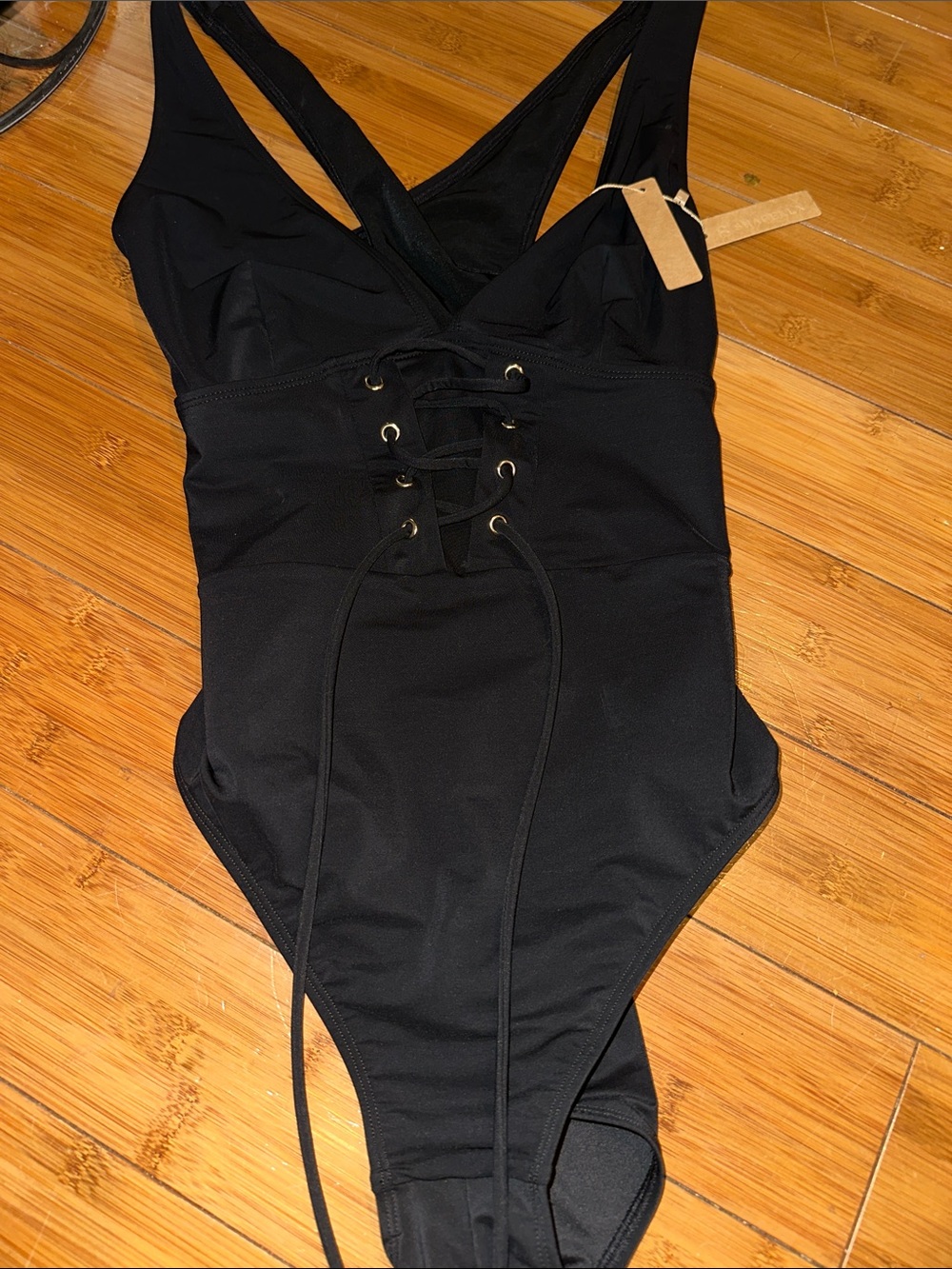 Shapellx  size L Black Lace-Up One-Piece Swimsuit